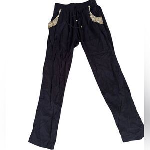 Ava Sky Black Rayon Pants Gold studded trim pockets one size NWT